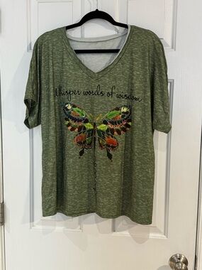 Olive V-Neck Short Sleeve Tee with Colorful Butterfly Graphic
